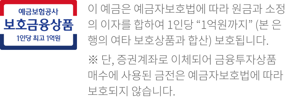 이 예금은 예금자 보호법에 따라 원금과 소정의 이자를 합하여 1인당 “1억원까지”(본 은행의 여타 보호상품과 합산) 보호됩니다. ※단, 증권계좌로 이체되어 금융투자 상품 매수에 사용된 금전은 예금자보호법에따라 보호되지 않습니다.
